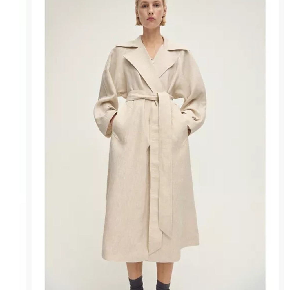 NWT Mango 100% Linen Trench Coat Oatmeal Beige Longline Belted Duster XS S M - Picture 1 of 13